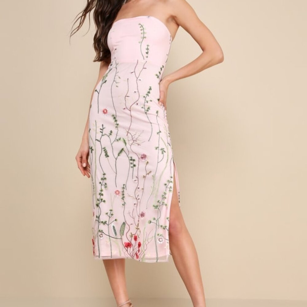 Lulus Bold Botanicals Pink Floral Embroidered Strapless Midi Dress - Size XL